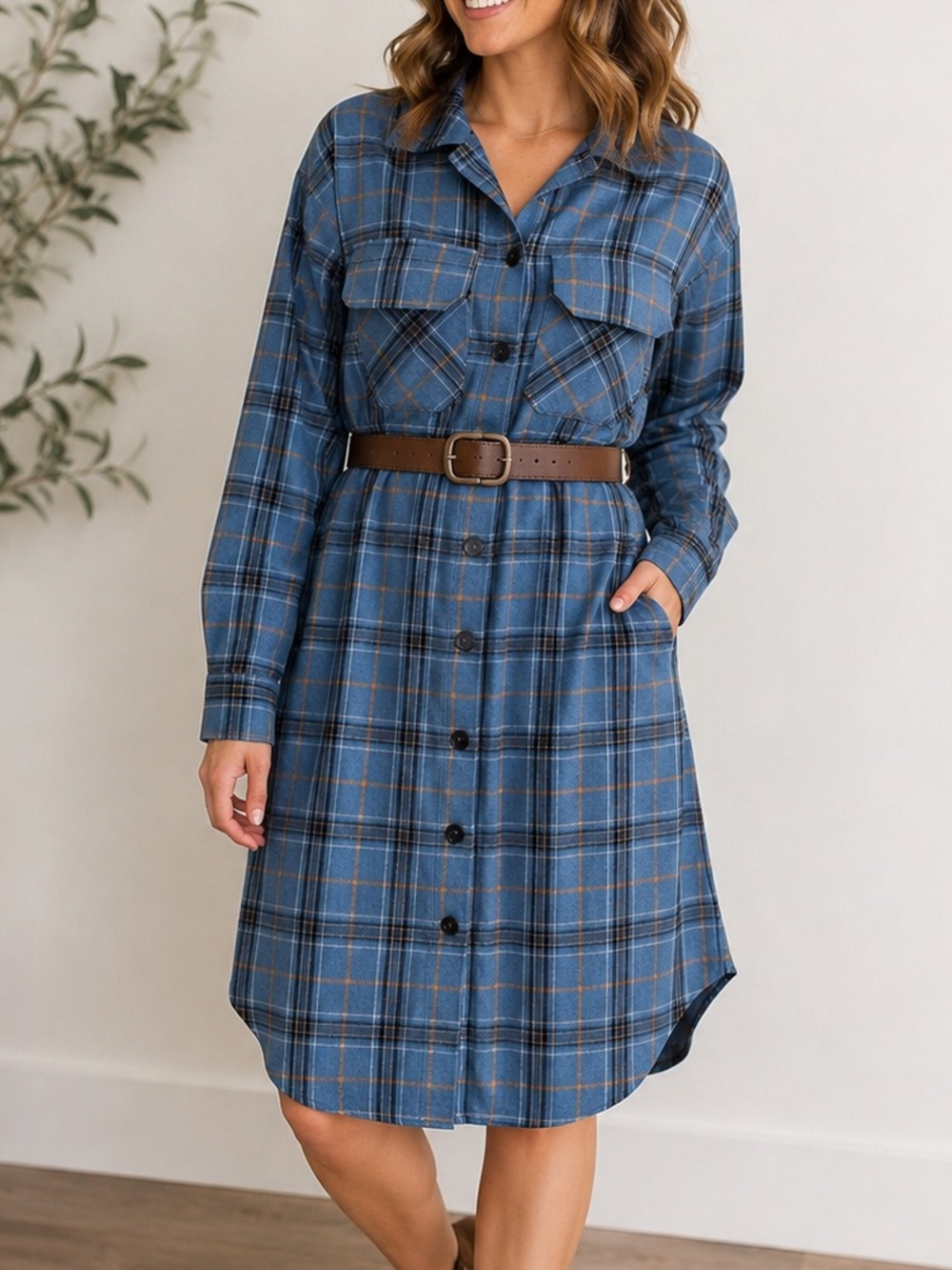 Skylar Rose Blue Plaid Wool Blend Shirt Dress Shacket Midi Button Front women S